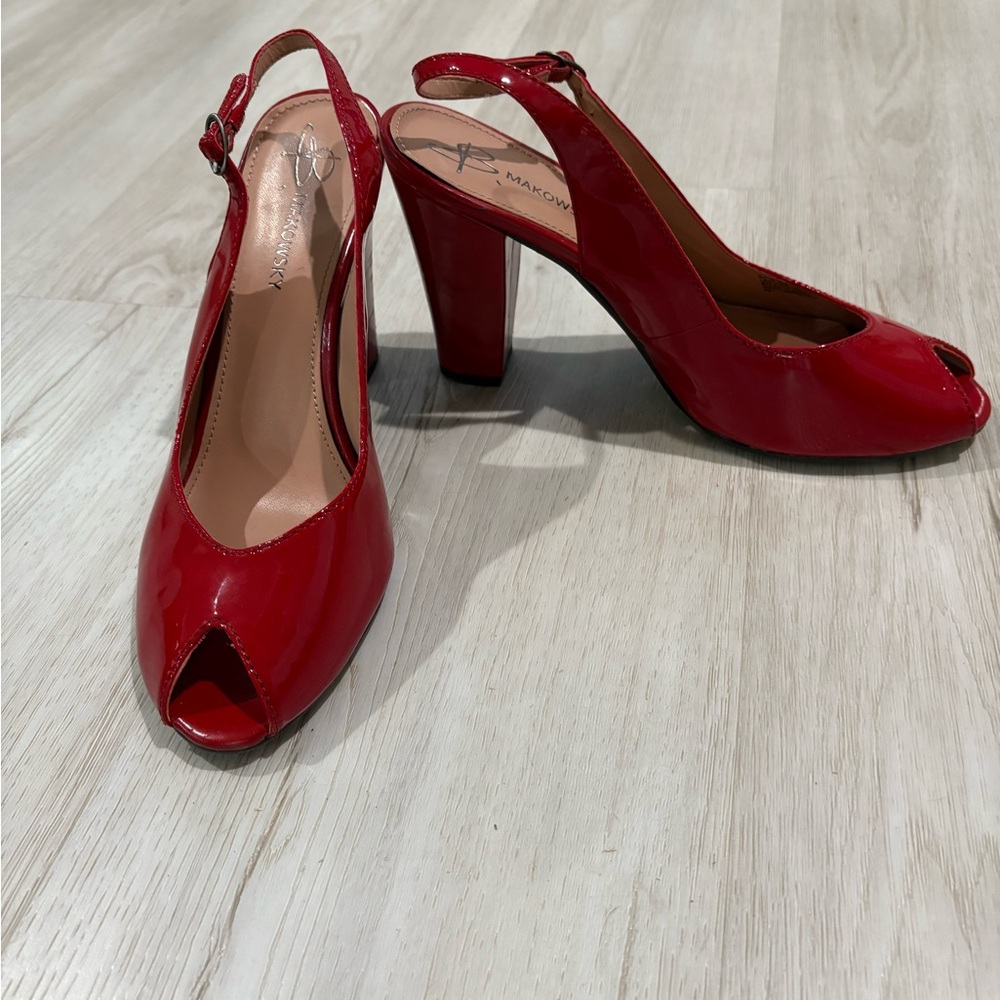 B. Makowsky Glossy Red Peep-Toe Heels